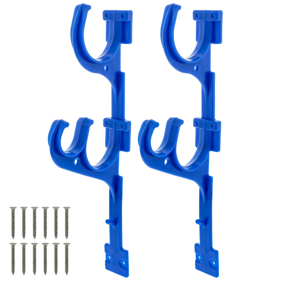 US Pool Supply pool pole hanger 2-pack mounted on a fence keeps poles neatly stored.