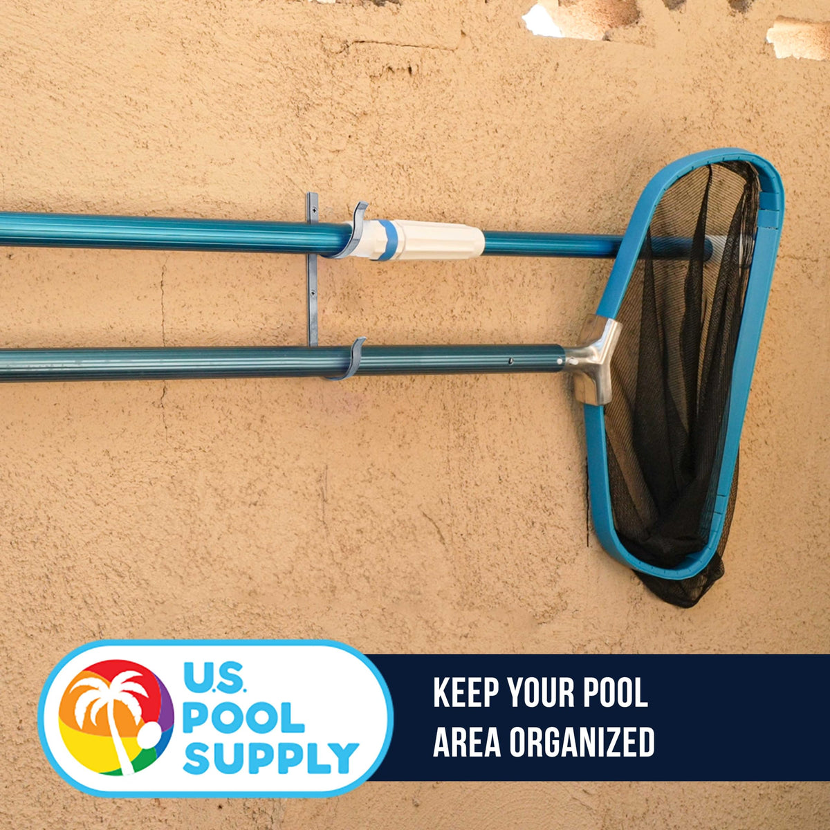 US Pool Supply pool accessory organization on fences or posts reduces clutter.