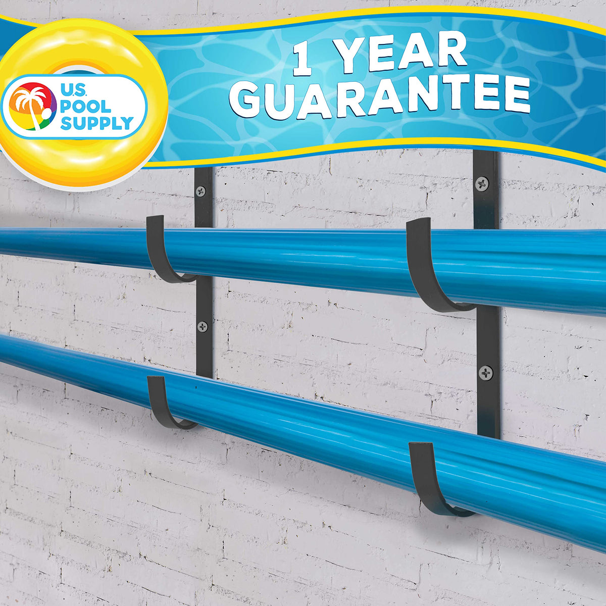 US Pool Supply pool pole hanger closeup shows durable blue aluminum construction