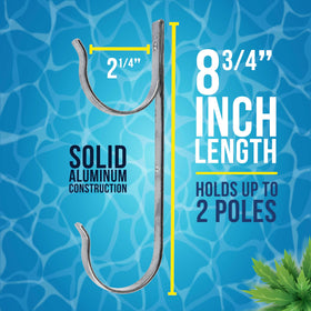 US Pool Supply pool pole hanger installed on deck post keeps cleaning tools ready.
