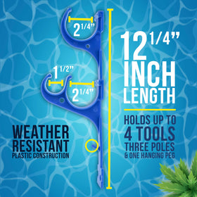 US Pool Supply pool pole hanger holds three poles, reducing clutter around your pool area.
