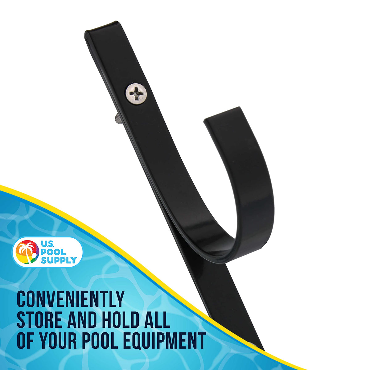 US Pool Supply pool pole hanger installed on wooden fence saving deck space
