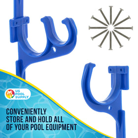 US Pool Supply pool pole hanger organizes accessories, keeping nets and vacuums ready for use.