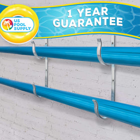 US Pool Supply telescopic pole setup supported by sturdy hangers for easy storage.