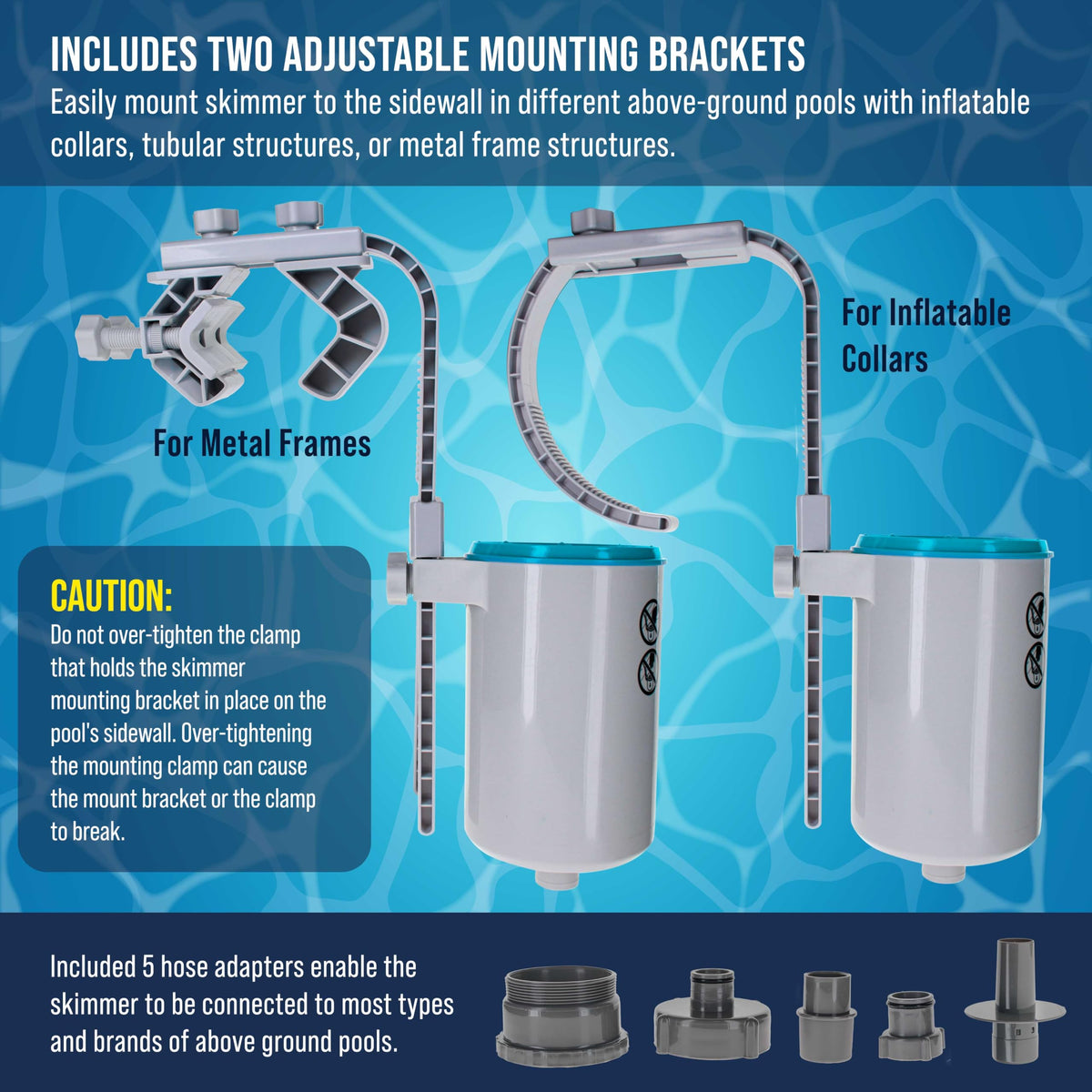US Pool Supply pool skimmer with five adapters enables versatile connections.