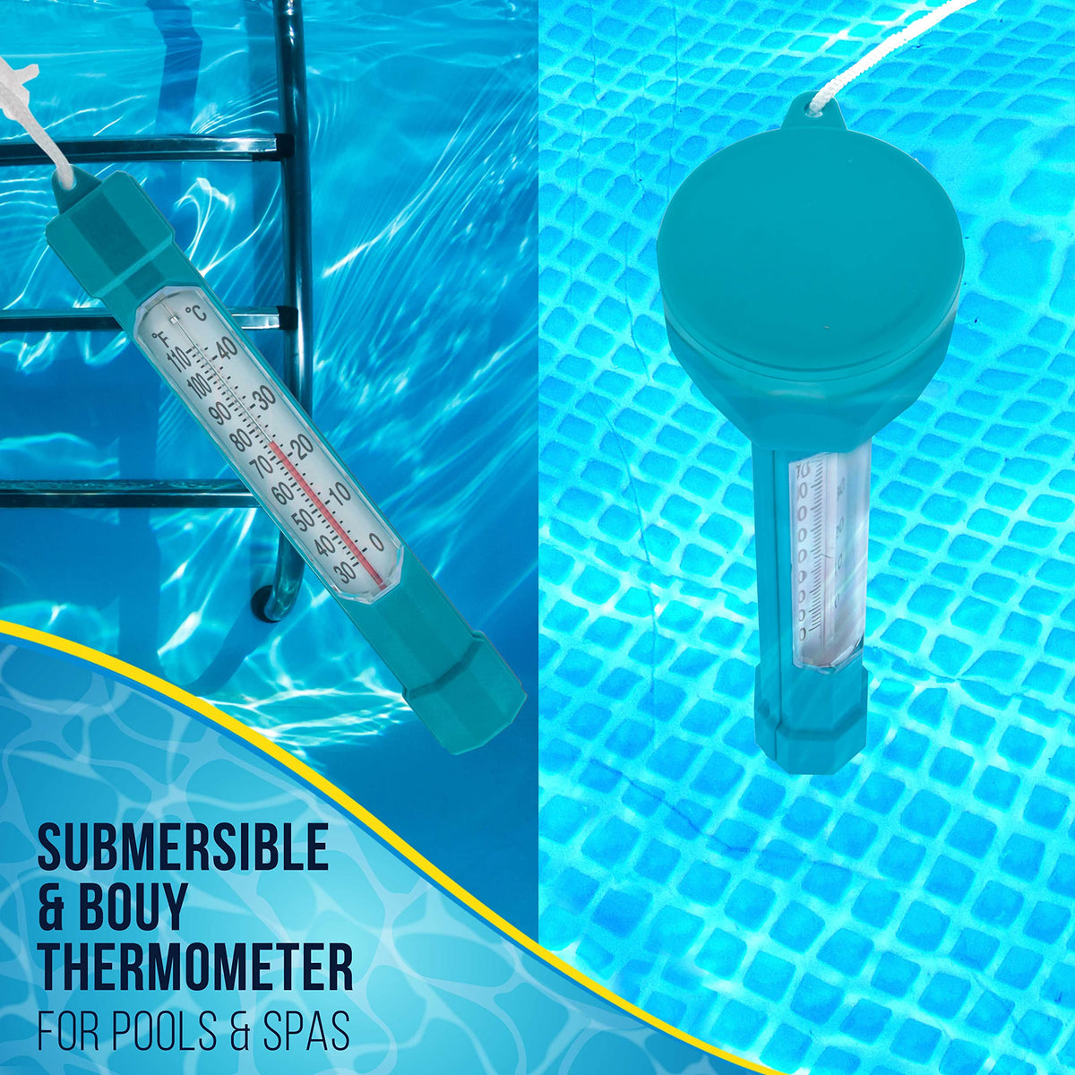 US Pool Supply pool and spa thermometer in use provides fast water temp visibility.