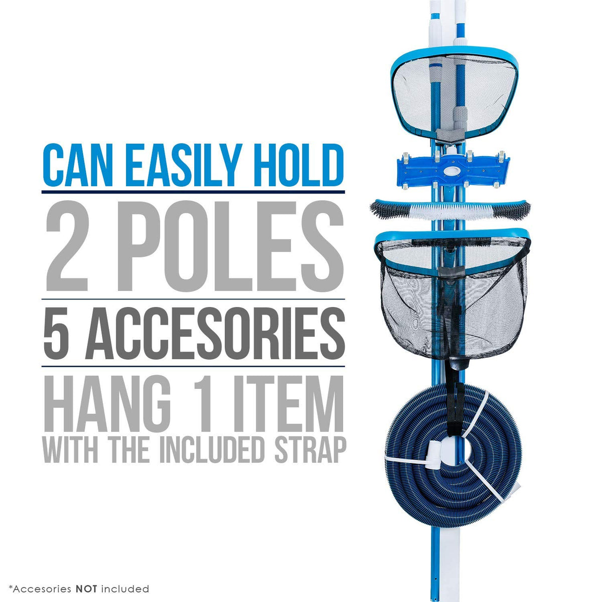 U.S. Pool Supply organizer holds skimmer nets and brushes for quick, efficient pool maintenance.