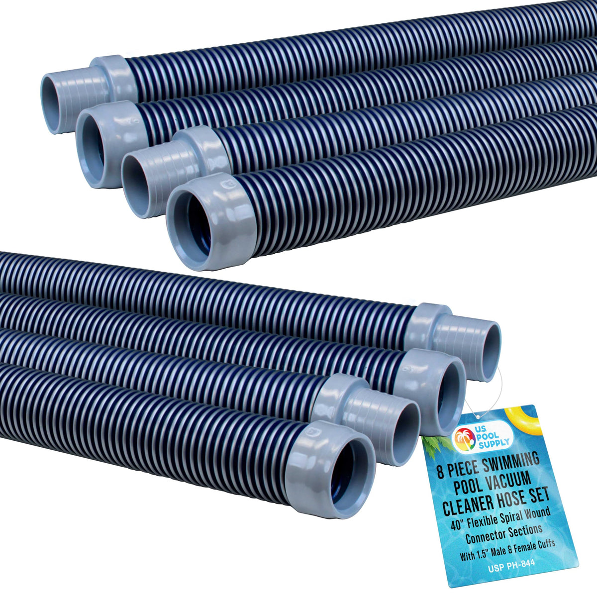 US Pool Supply pool vacuum hose sections in blue and gray for extended cleaning reach.