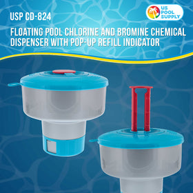 U.S. Pool Supply floater shows pop-up refill indicator for easy maintenance.