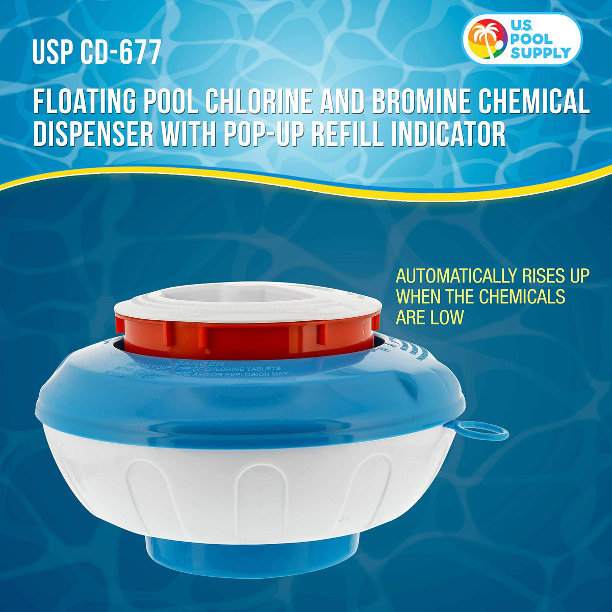 US Pool Supply pop-up refill indicator rises when tablets are low for proactive refills