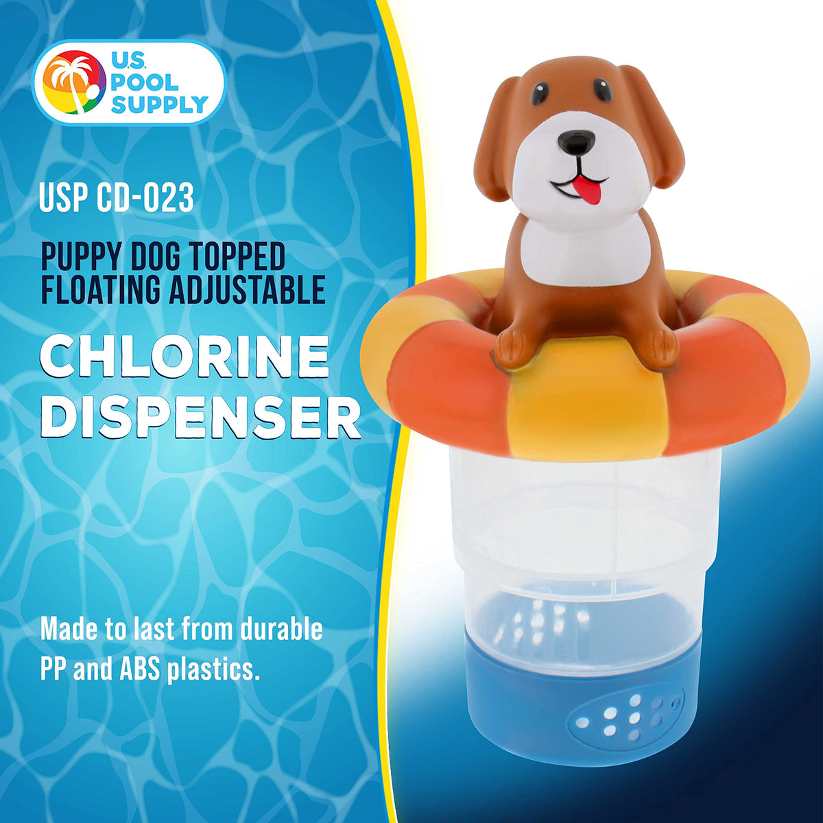 US Pool Supply puppy dog dispenser shows 3-inch tablets capacity and controlled release.