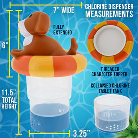 US Pool Supply puppy dog float features adjustable delivery ring for balanced chlorine.