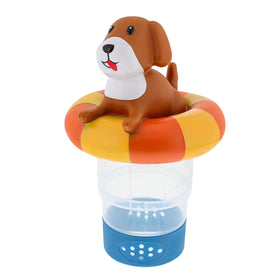 US Pool Supply puppy dog floating dispenser with collapsible tank for easy refills.