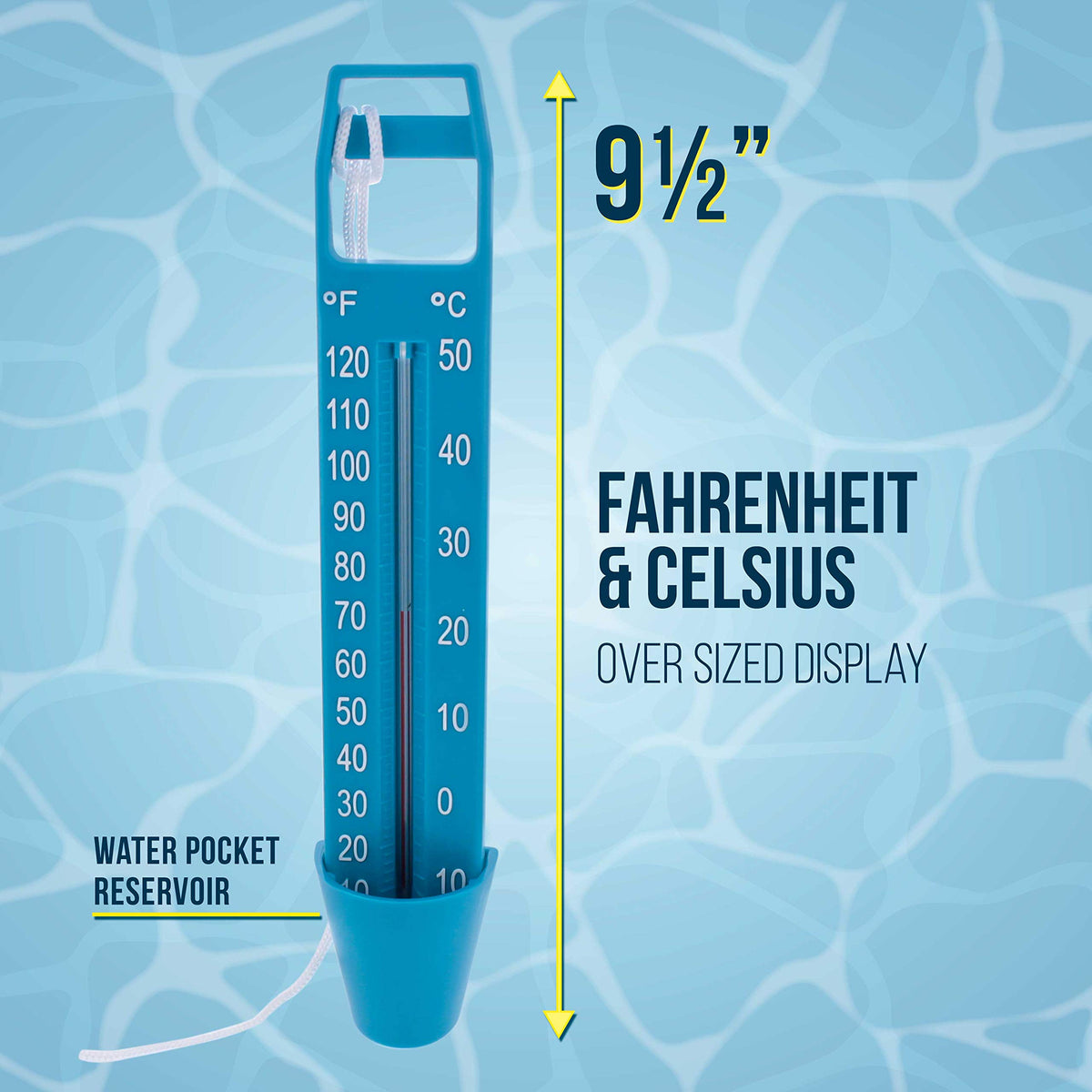 US Pool Supply scoop thermometer displays Fahrenheit and Celsius for clarity.