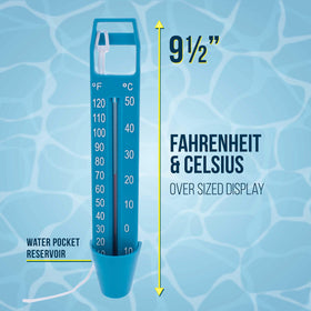 US Pool Supply scoop thermometer displays Fahrenheit and Celsius for clarity.