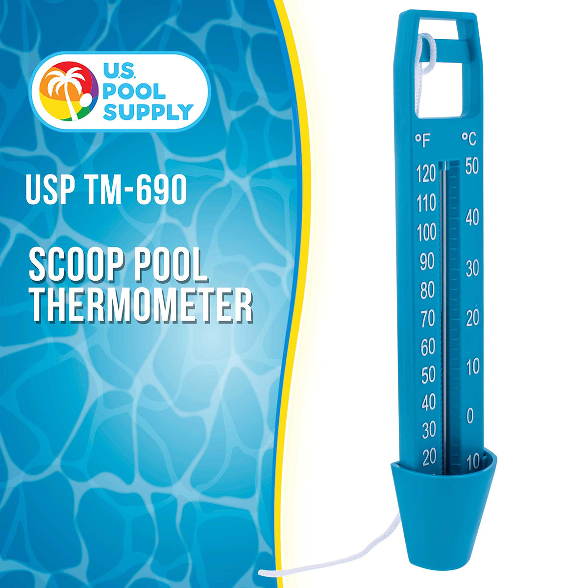 U.S. Pool Supply scoop thermometer shows oversized display for easy viewing.
