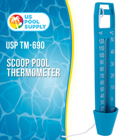 U.S. Pool Supply scoop thermometer shows oversized display for easy viewing.
