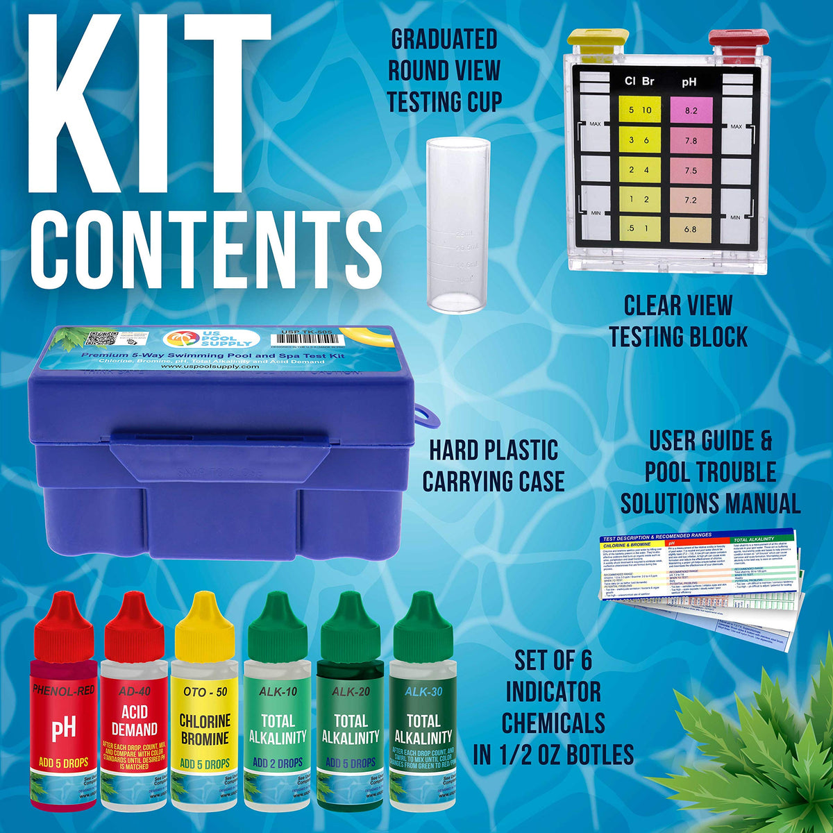 US Pool Supply six indicator reagent bottles for precise testing.