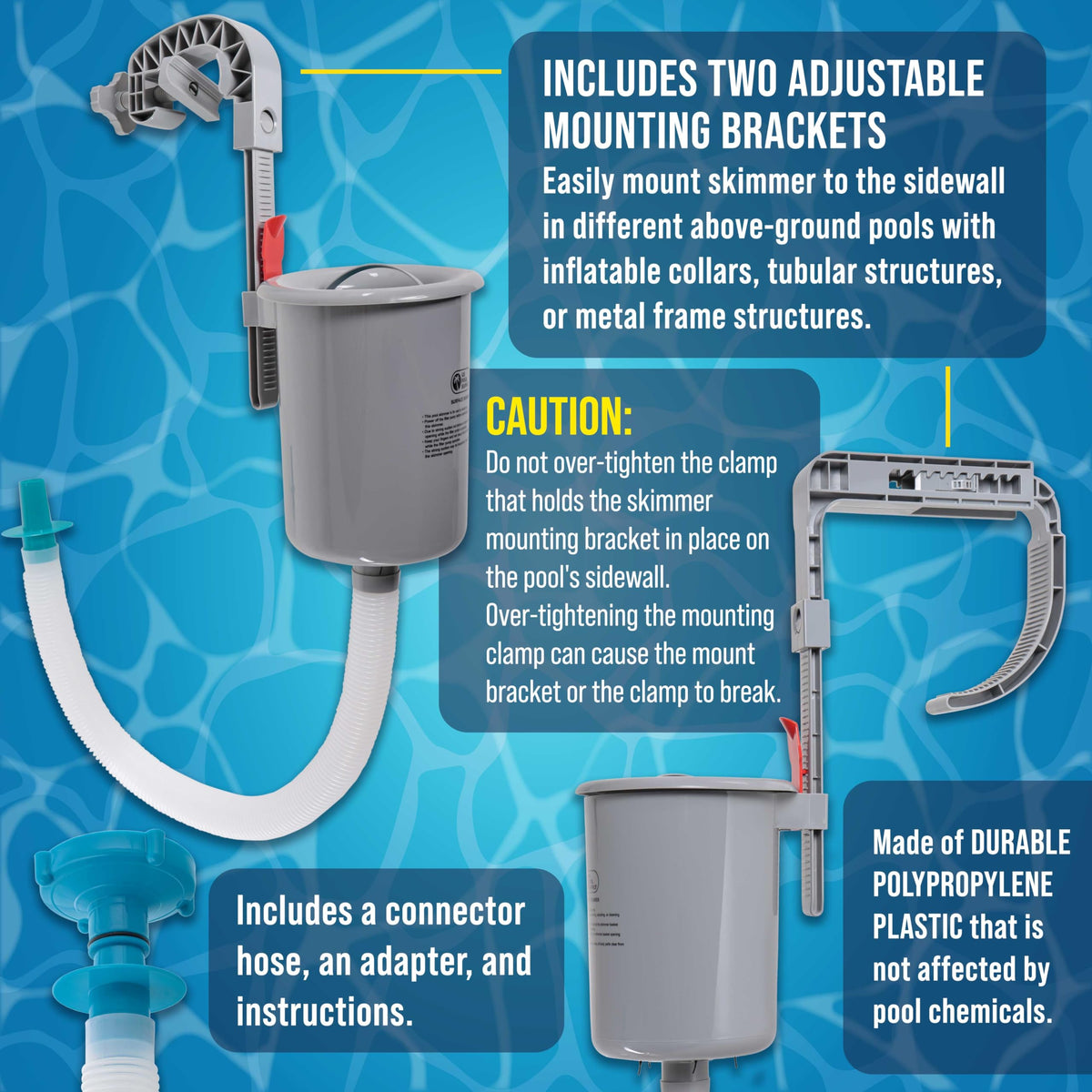 U.S. Pool Supply debris basket skimmer keeps leaves from sinking.