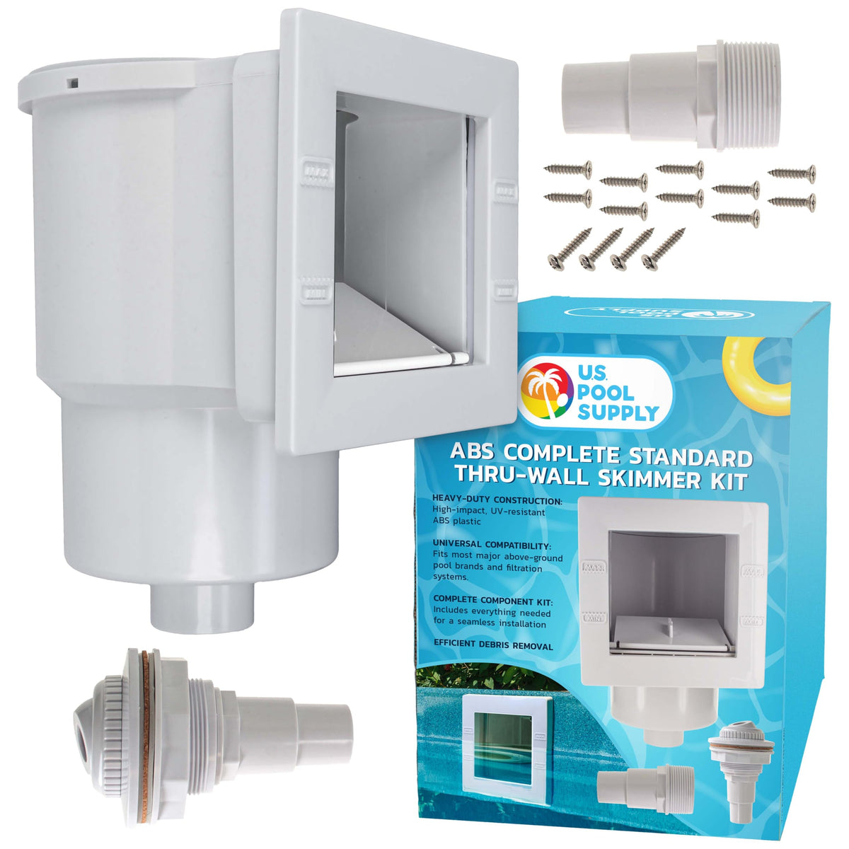 U.S. Pool Supply skimmer housing demonstrates durable construction, catching leaves and debris for cleaner water.