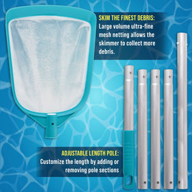 Skimmer in use across pool, spa, and pond drains leaves and pollen.