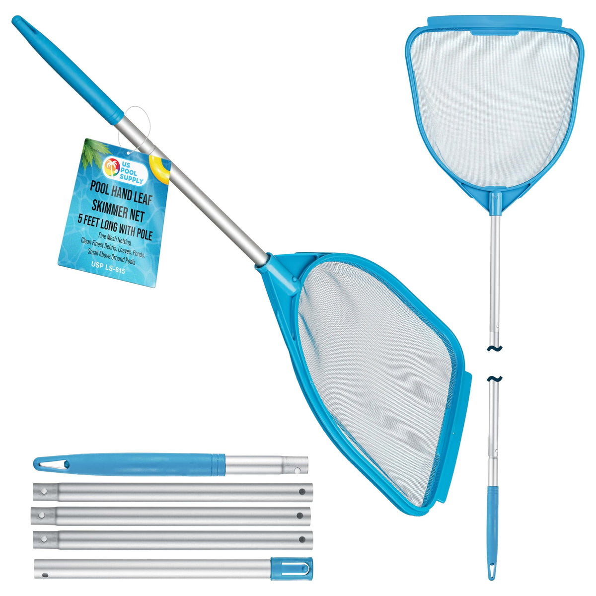 US Pool Supply skimmer net with adjustable pole for easy debris cleanup in pools.