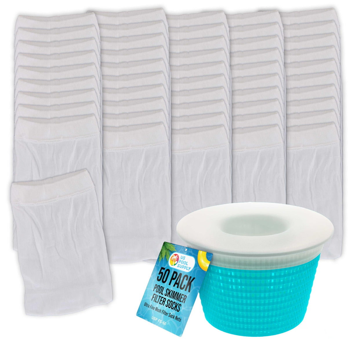 US Pool Supply skimmer socks on a basket reduce debris