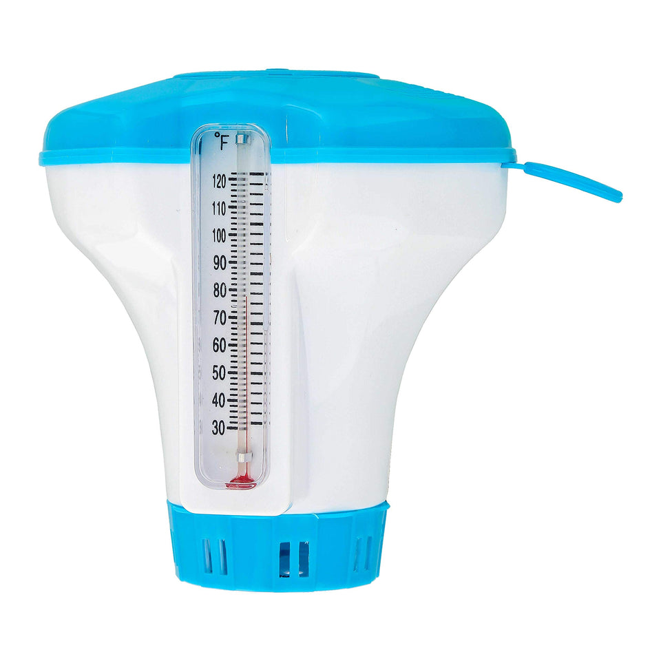 U.S. Pool Supply spa dispenser with thermometer in side view for easy temperature checks.