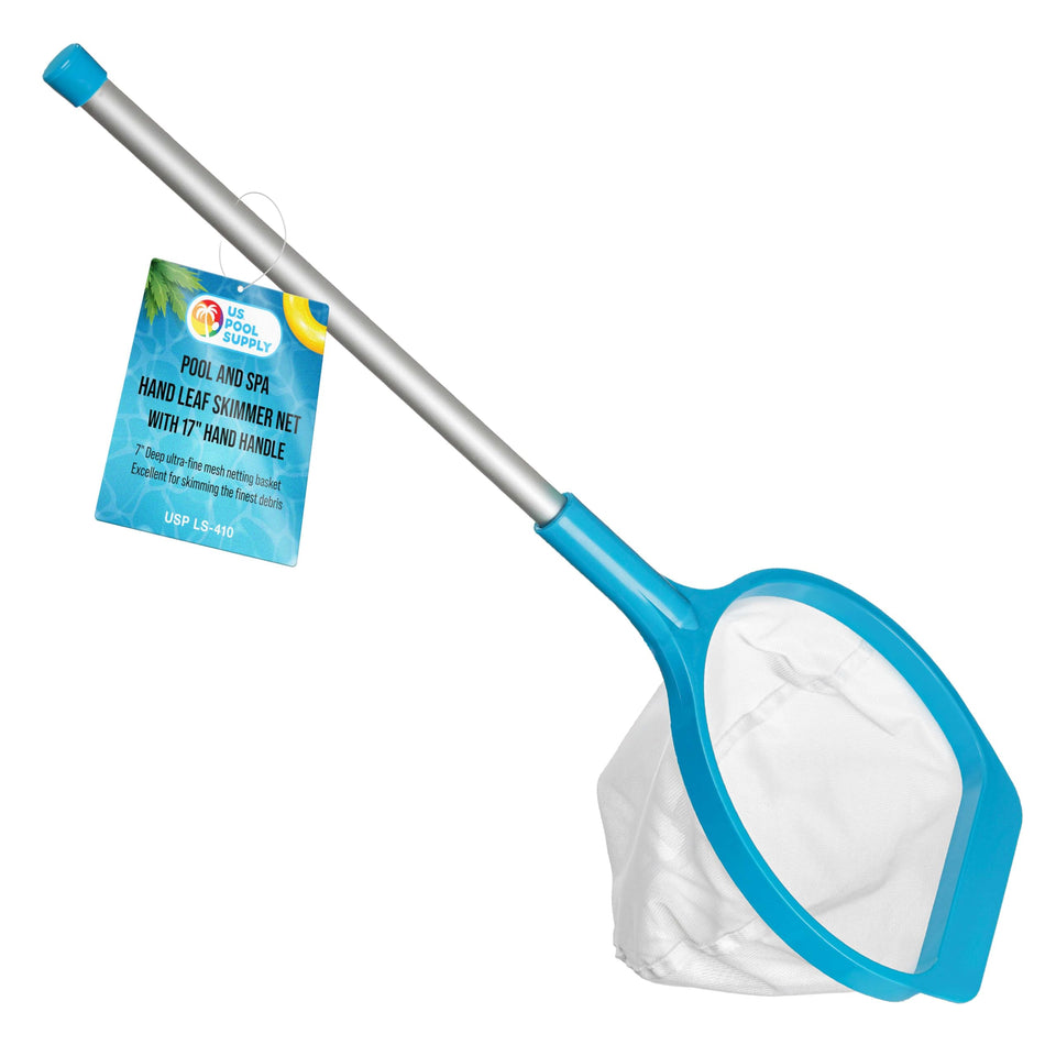 US Pool Supply spa leaf skimmer with 27-inch handle for quick debris pickup.