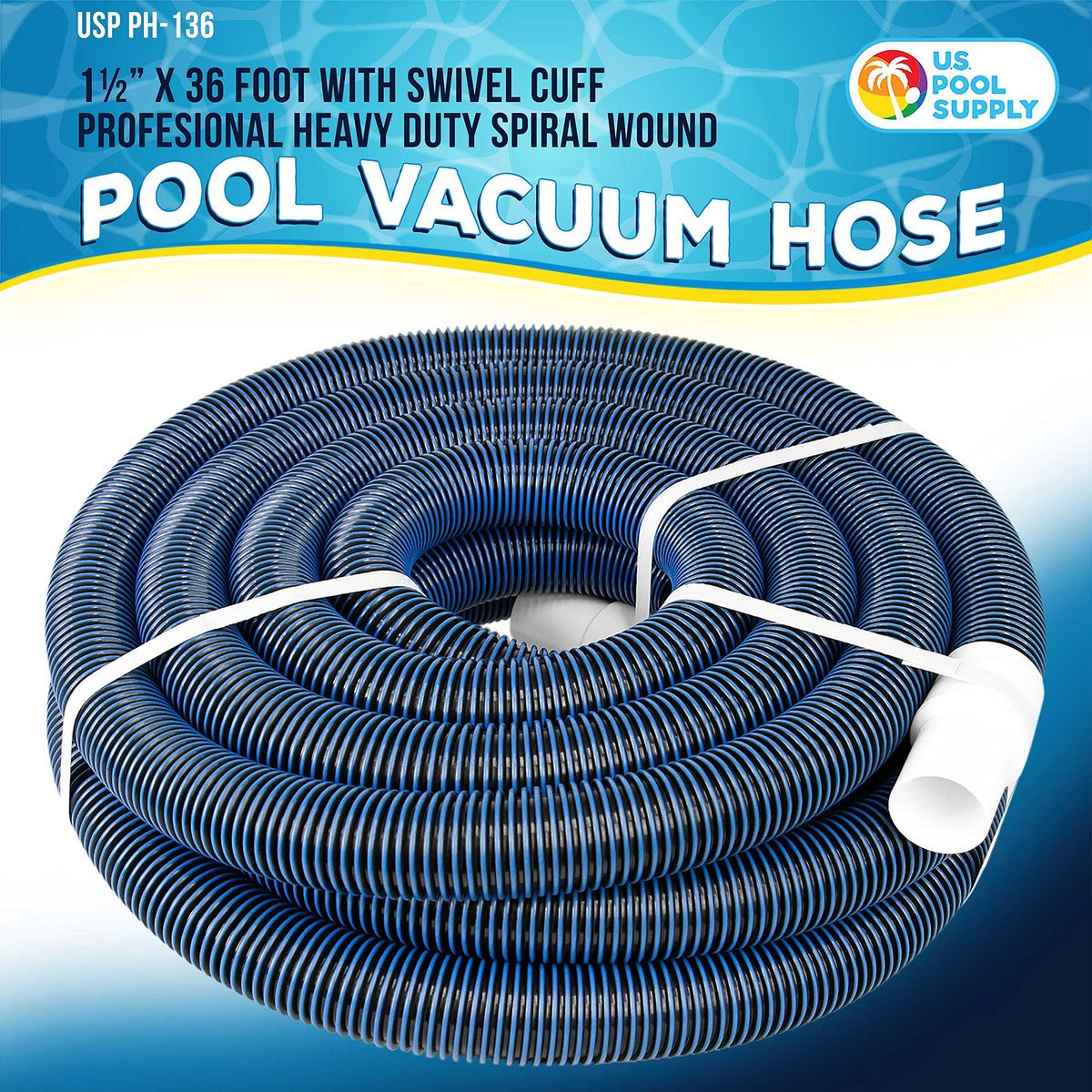 US Pool Supply spiral-wound hose with kink-free swivel cuff for smooth operation.