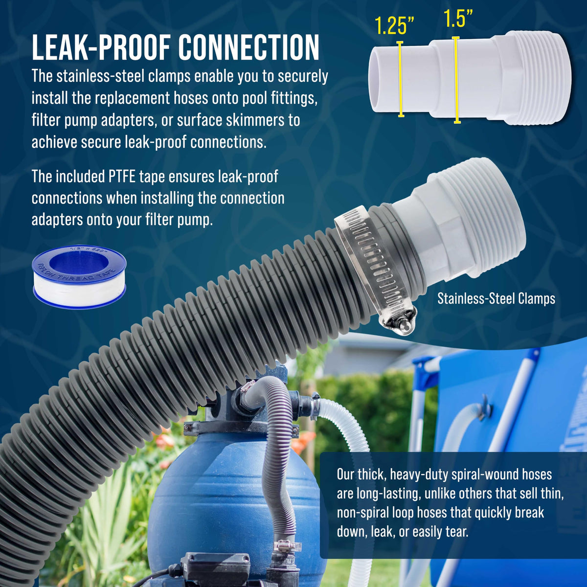U.S. Pool Supply spiral-wound hose resists wear and UV exposure.