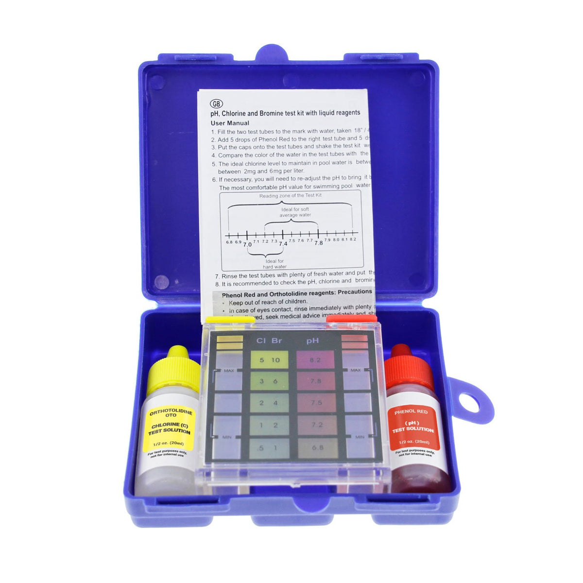 US Pool Supply Standard 3-Way Test Kit block shows color scale for pool readings.