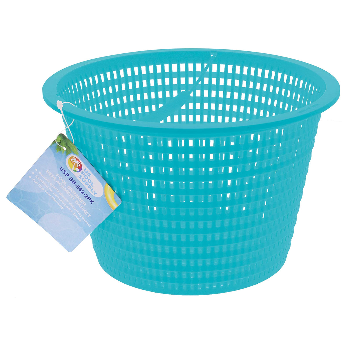U.S. Pool Supply teal blue skimmer basket bottom view shows durable, chlorine-resistant mesh.