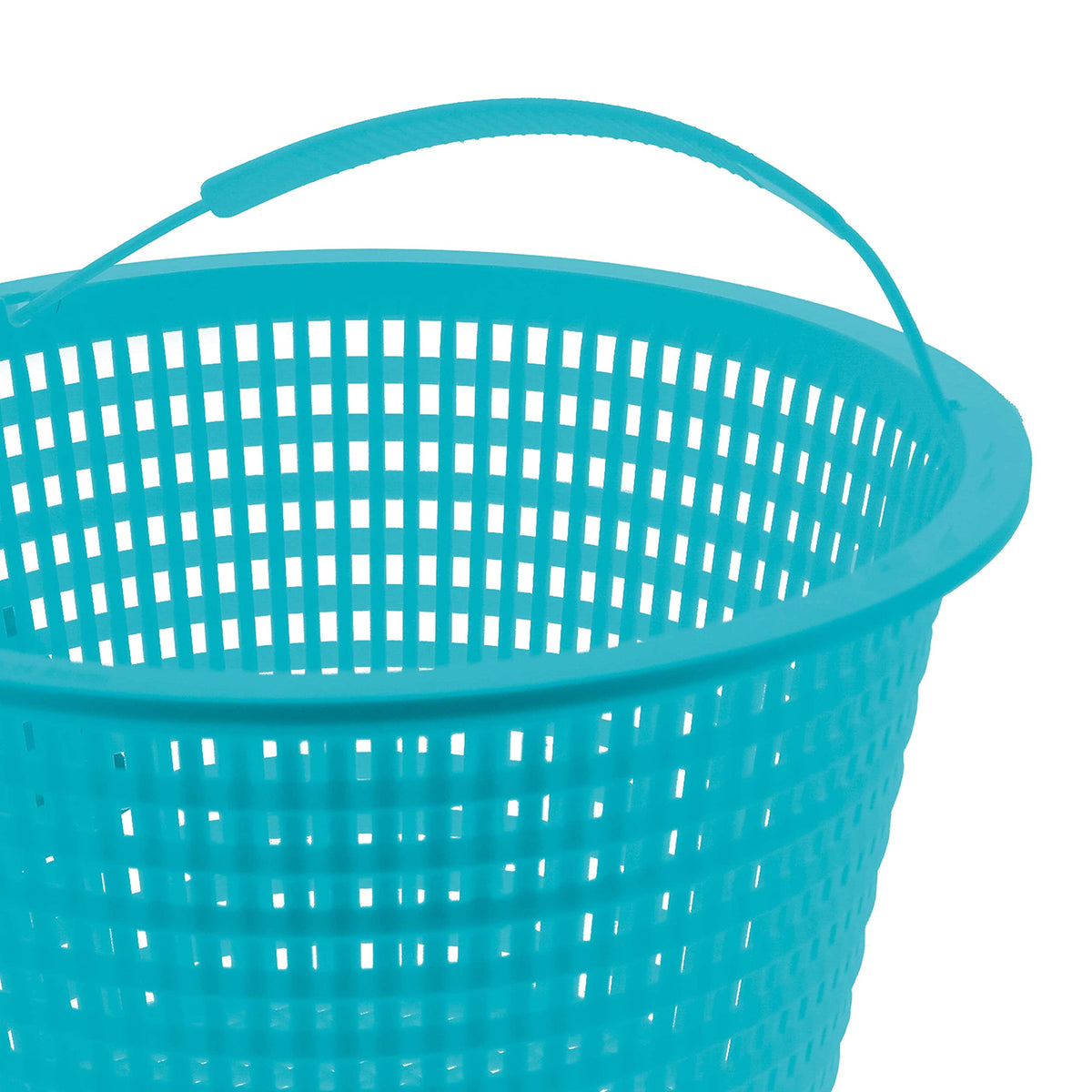 U.S. Pool Supply teal blue skimmer basket close-up highlights sturdy mesh and 8-inch top diameter.