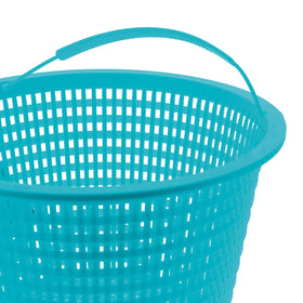 U.S. Pool Supply teal blue skimmer basket close-up highlights sturdy mesh and 8-inch top diameter.