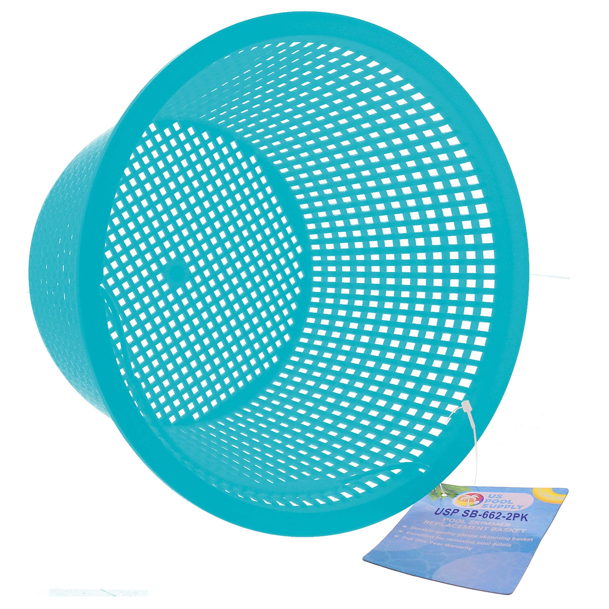 U.S. Pool Supply teal blue skimmer basket in pool demonstrates easy daily cleanup.