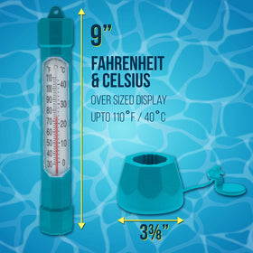 US Pool Supply teal thermometer floats or submerges for pools and spas.