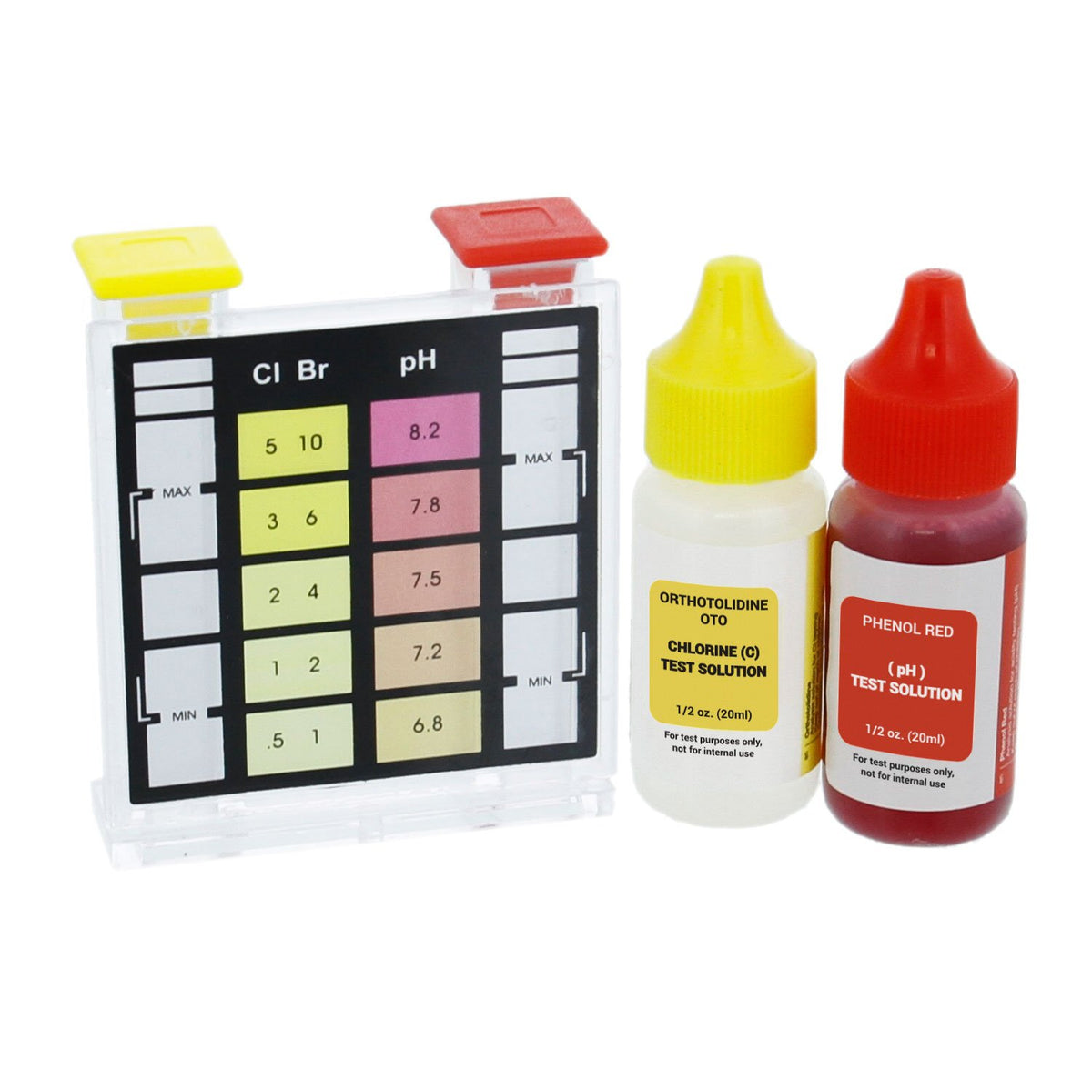 US Pool Supply test kit bottles and case enable easy at-home pool testing.