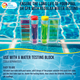 U.S. Pool Supply test tube block with pool water prepared for tests.