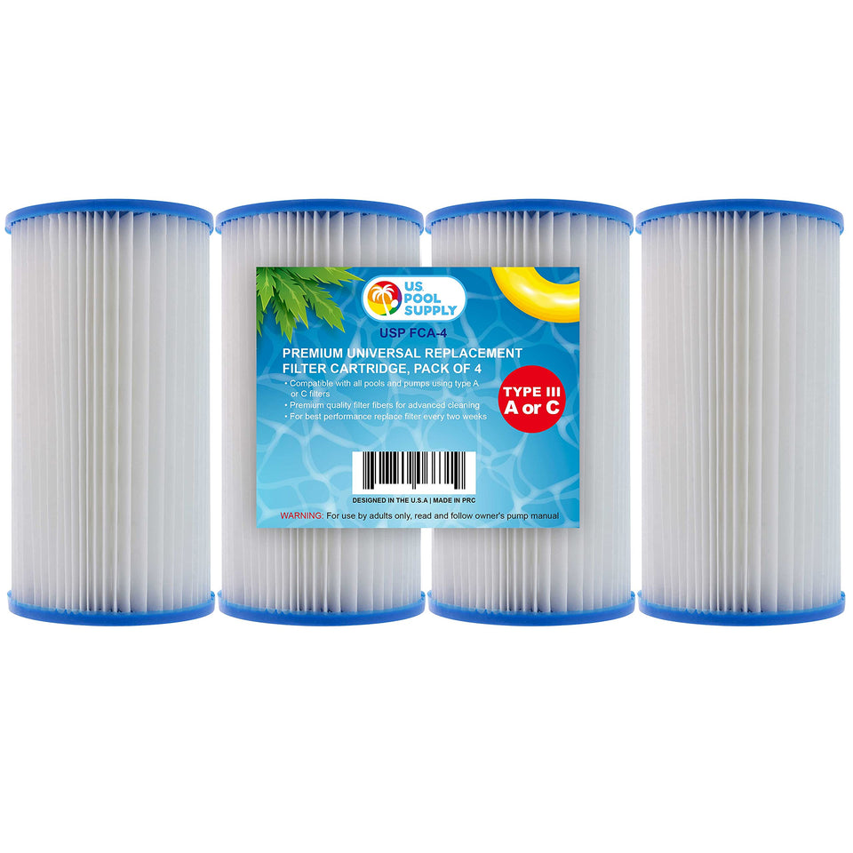 US Pool Supply universal filter cartridge 4-pack close-up for above-ground pools.