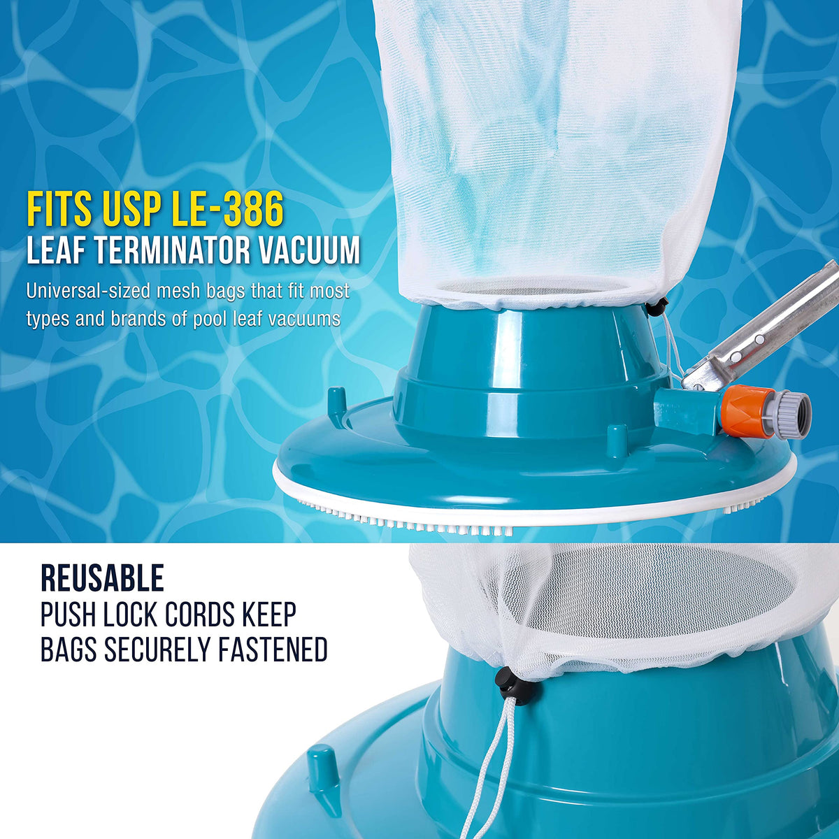 U.S. Pool Supply universal-fit mesh bag in use with various cleaners.