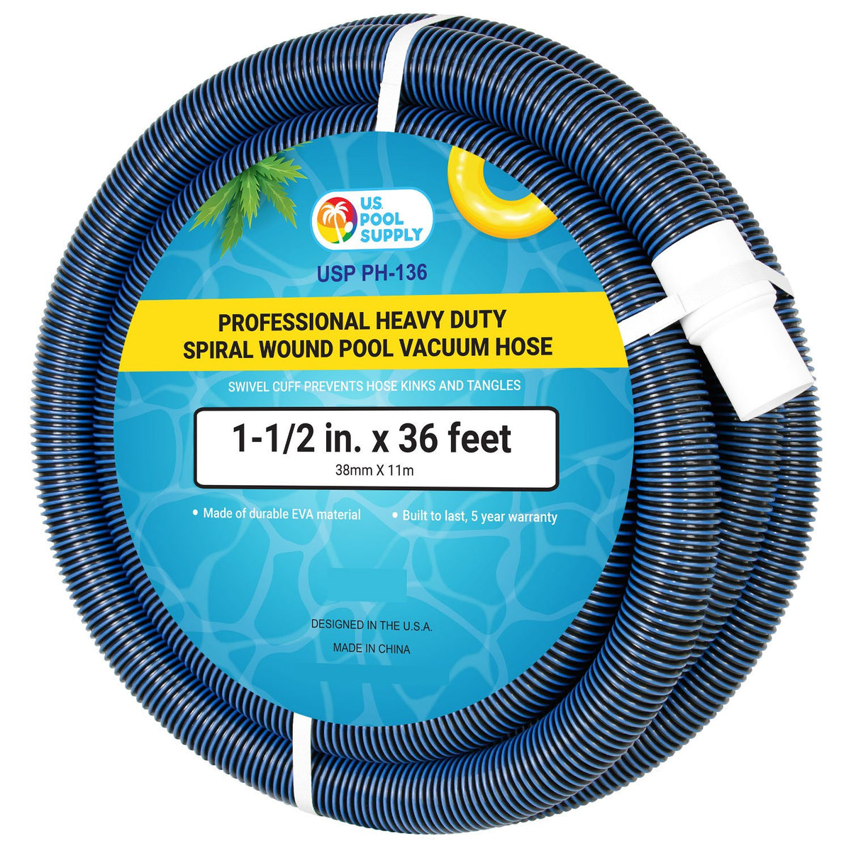 US Pool Supply vacuum hose 1-1/2in x 36ft, heavy-duty for powerful pool cleaning.