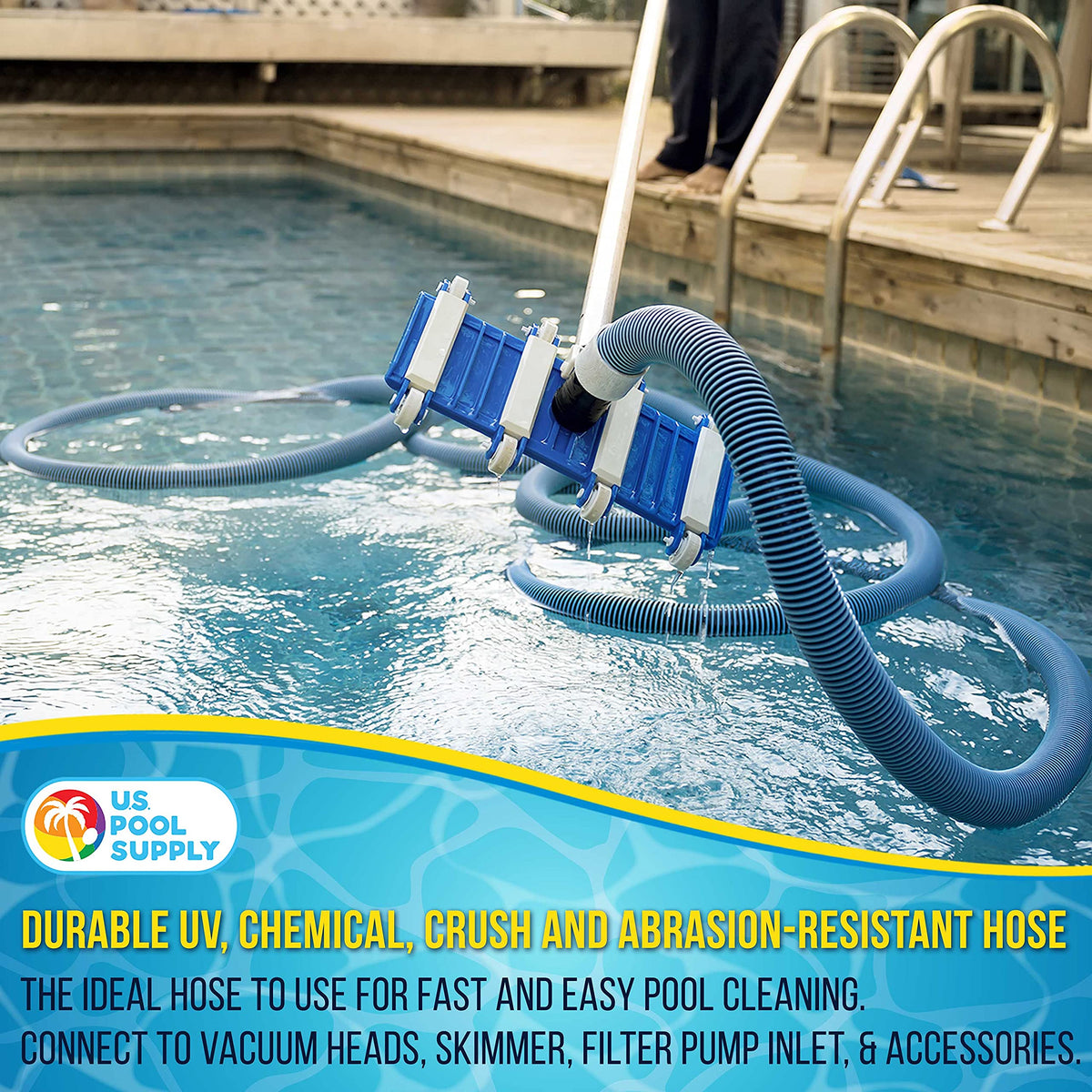 US Pool Supply hose features UV and chemical resistance for outdoor use.