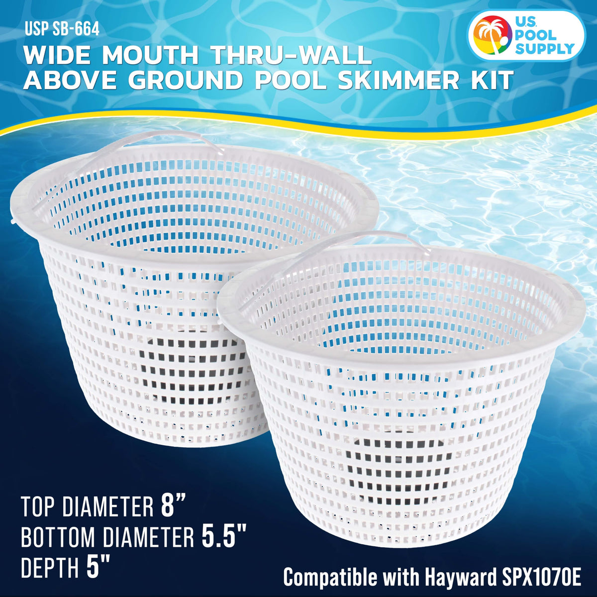 US Pool Supply skimmer basket bottom view shows 5.5-inch diameter with anti-float weights.