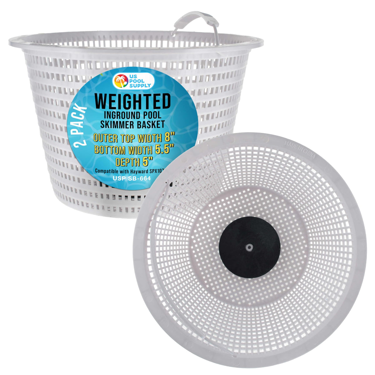 US Pool Supply weighted skimmer basket, top view shows 8-inch opening for leaf capture.
