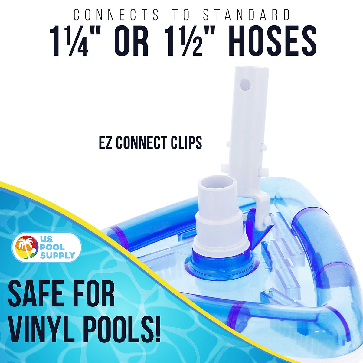 Weighted triangular vacuum head bottom view demonstrates contact with pool surface