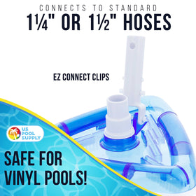 Weighted triangular vacuum head bottom view demonstrates contact with pool surface