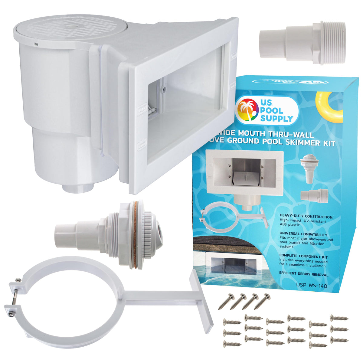 US Pool Supply wide-mouth thru-wall skimmer front view for durable above-ground pools with enhanced debris removal.