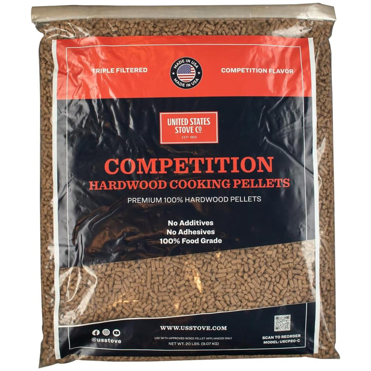 US Stove Competition Cooking Pellets 20lb bag front view with premium hardwood blend for consistent flavor