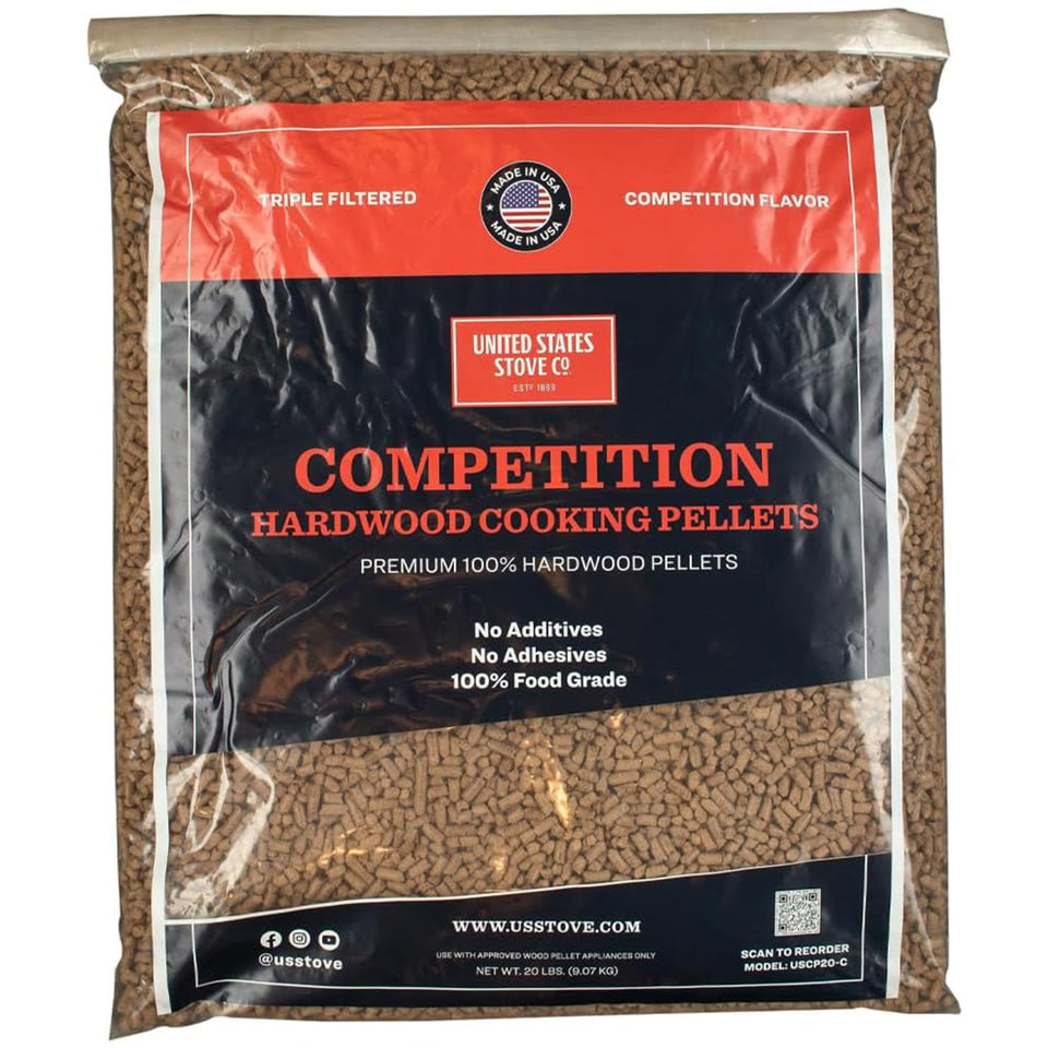 US Stove Competition Cooking Pellets 20lb bag front view with premium hardwood blend for consistent flavor